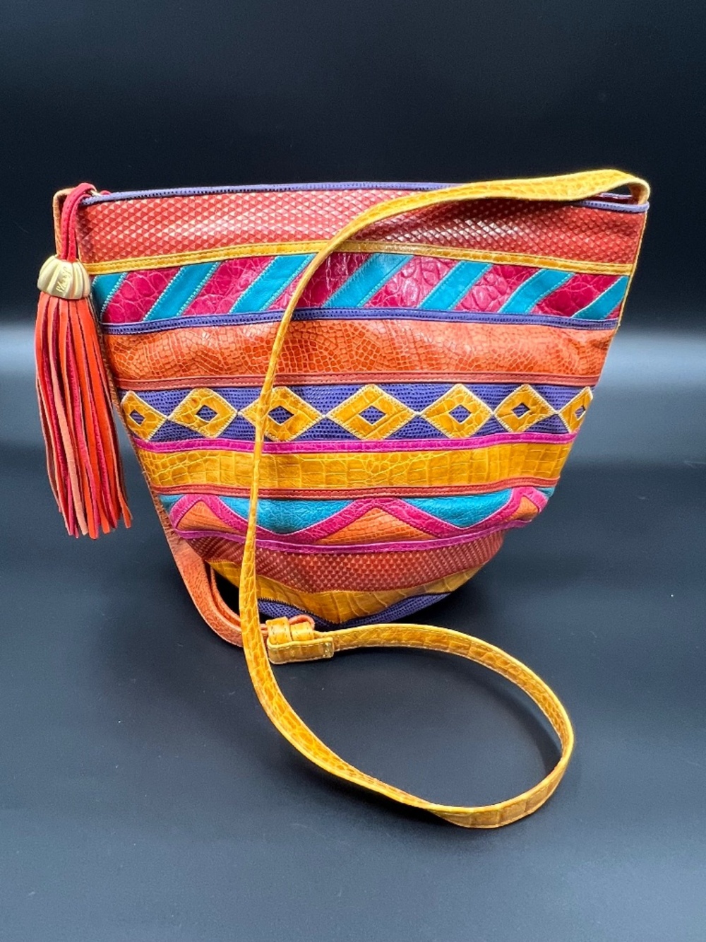 Vintage 1980s SHARIF Rainbow Patchwork Exotic Leather Bucket Crossbody Purse Bag